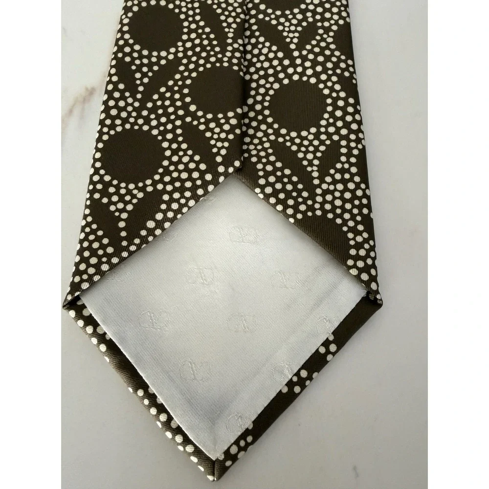 Valentino‎ Cravatte Mens Silk Tie Olive Green White Geometric Dot Logo Italy